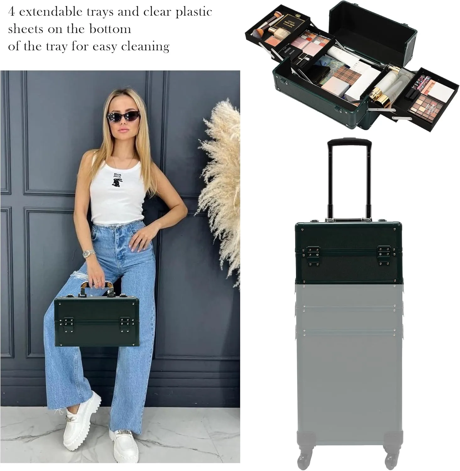 Particle Rolling Makeup Train Case Professional Cosmetic Trolley Large Storage Organizer with Key Swivel Wheels Salon Barber Case - New Green (Extra Portable Cosmetic Bag, Green)