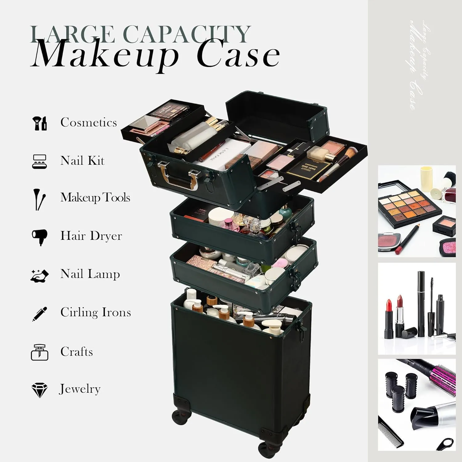 Particle Rolling Makeup Train Case Professional Cosmetic Trolley Large Storage Organizer with Key Swivel Wheels Salon Barber Case - New Green (Extra Portable Cosmetic Bag, Green)