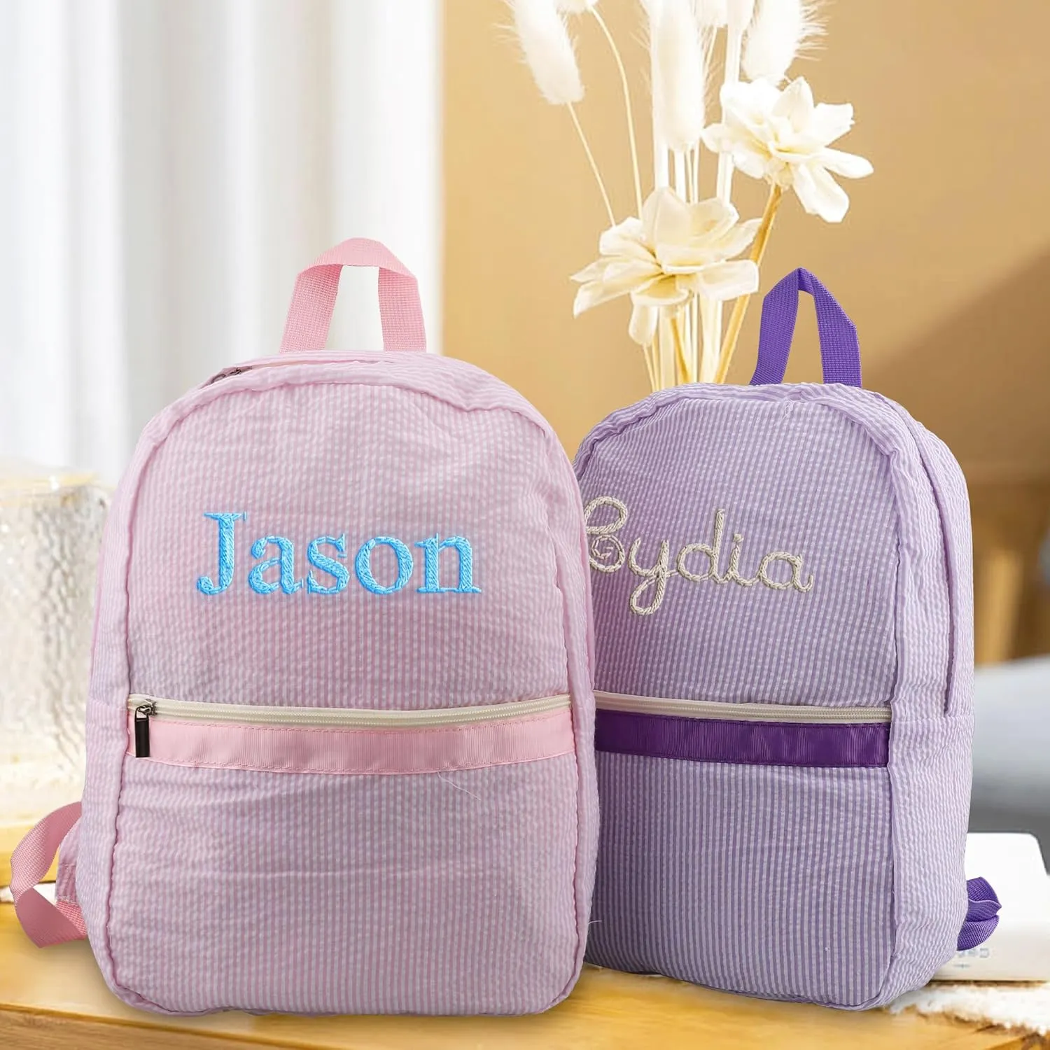 Pekdi Personalized Lightweight Water Resistant Backpack, Seersucker, Blue, 15*11in, Vintage-Modern, Embroidery, Female, 2 Pockets, Adjustable Padded Shoulder Straps Guaranteed