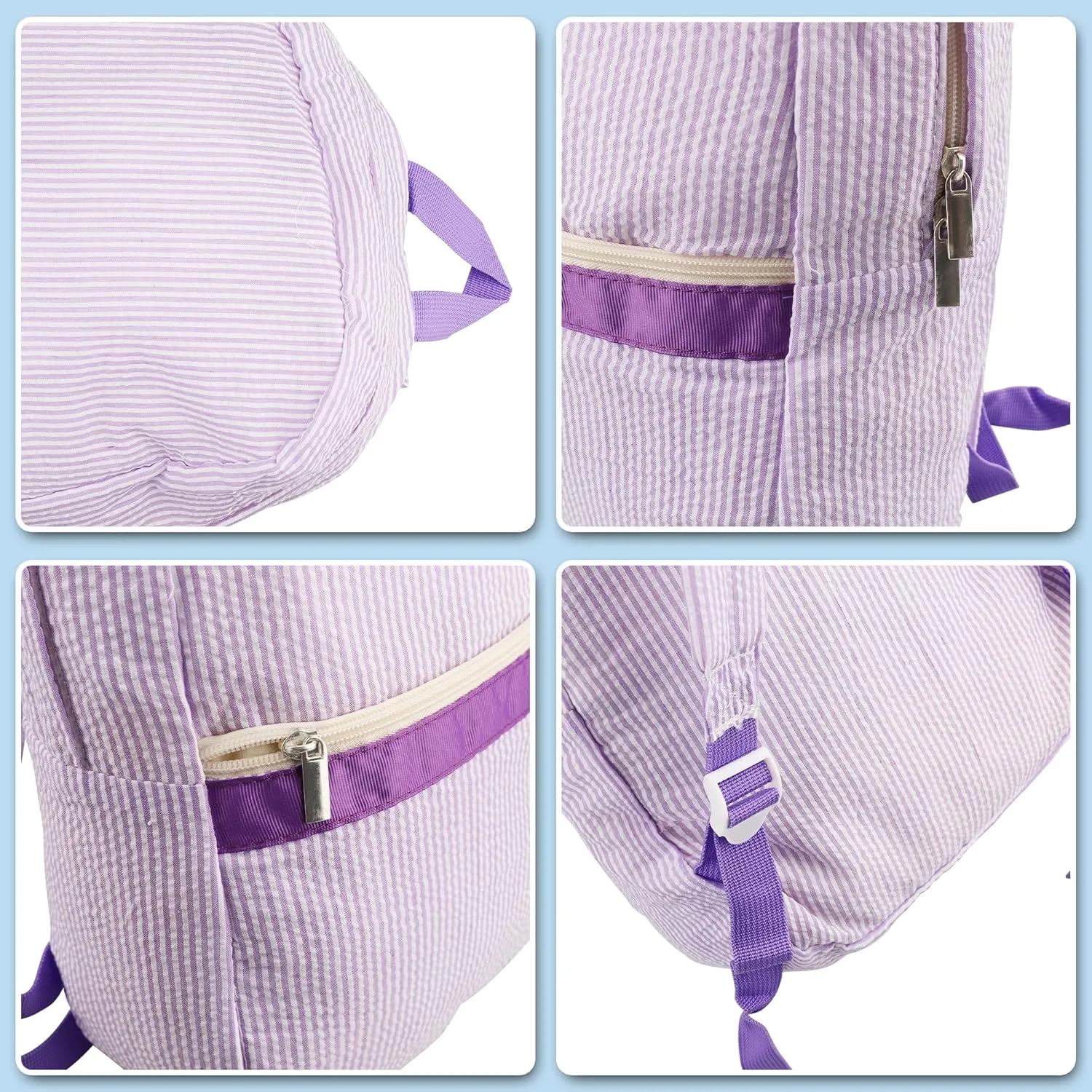 Pekdi Personalized Lightweight Water Resistant Backpack, Seersucker, Blue, 15*11in, Vintage-Modern, Embroidery, Female, 2 Pockets, Adjustable Padded Shoulder Straps Guaranteed