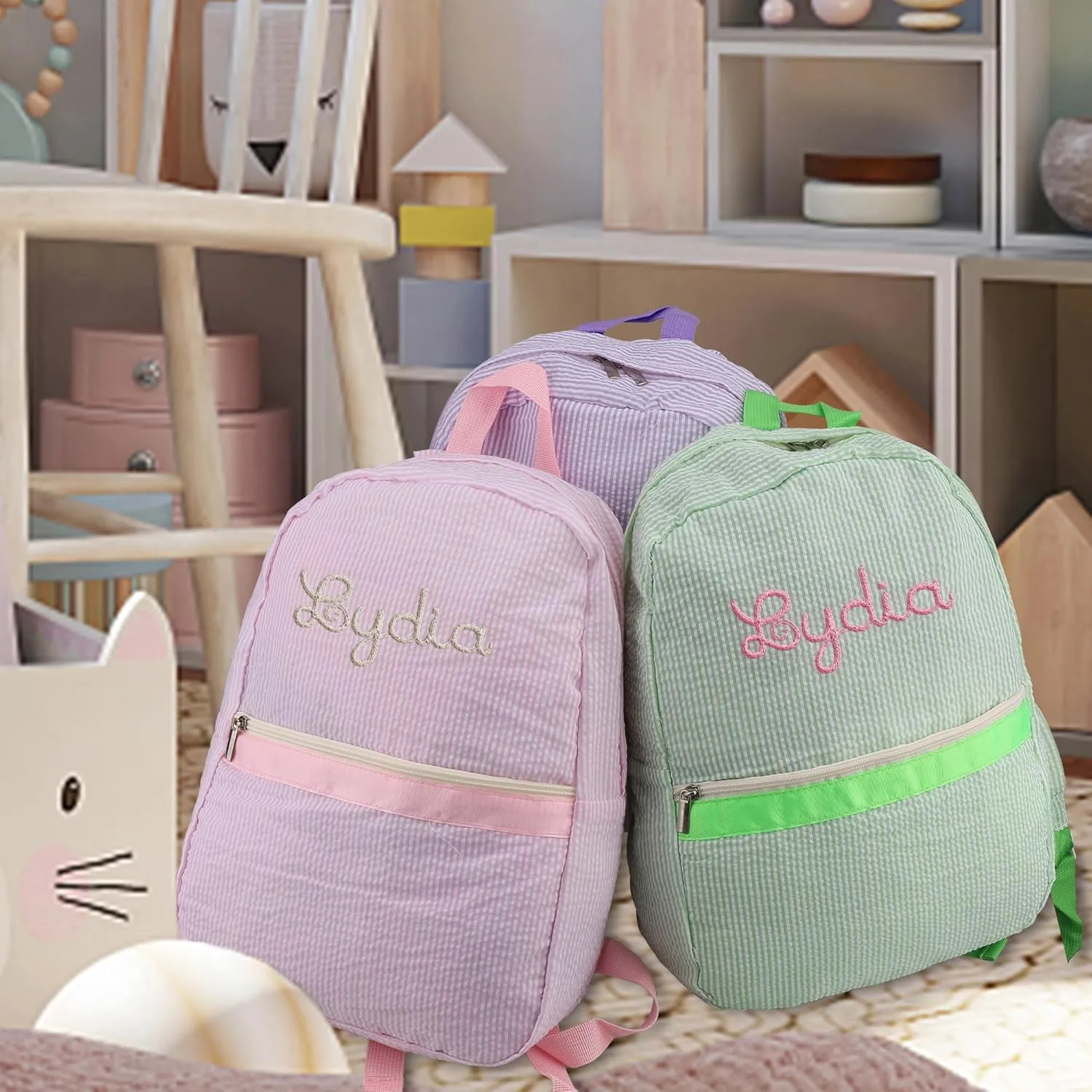 Pekdi Personalized Lightweight Water Resistant Backpack, Seersucker, Blue, 15*11in, Vintage-Modern, Embroidery, Female, 2 Pockets, Adjustable Padded Shoulder Straps Guaranteed
