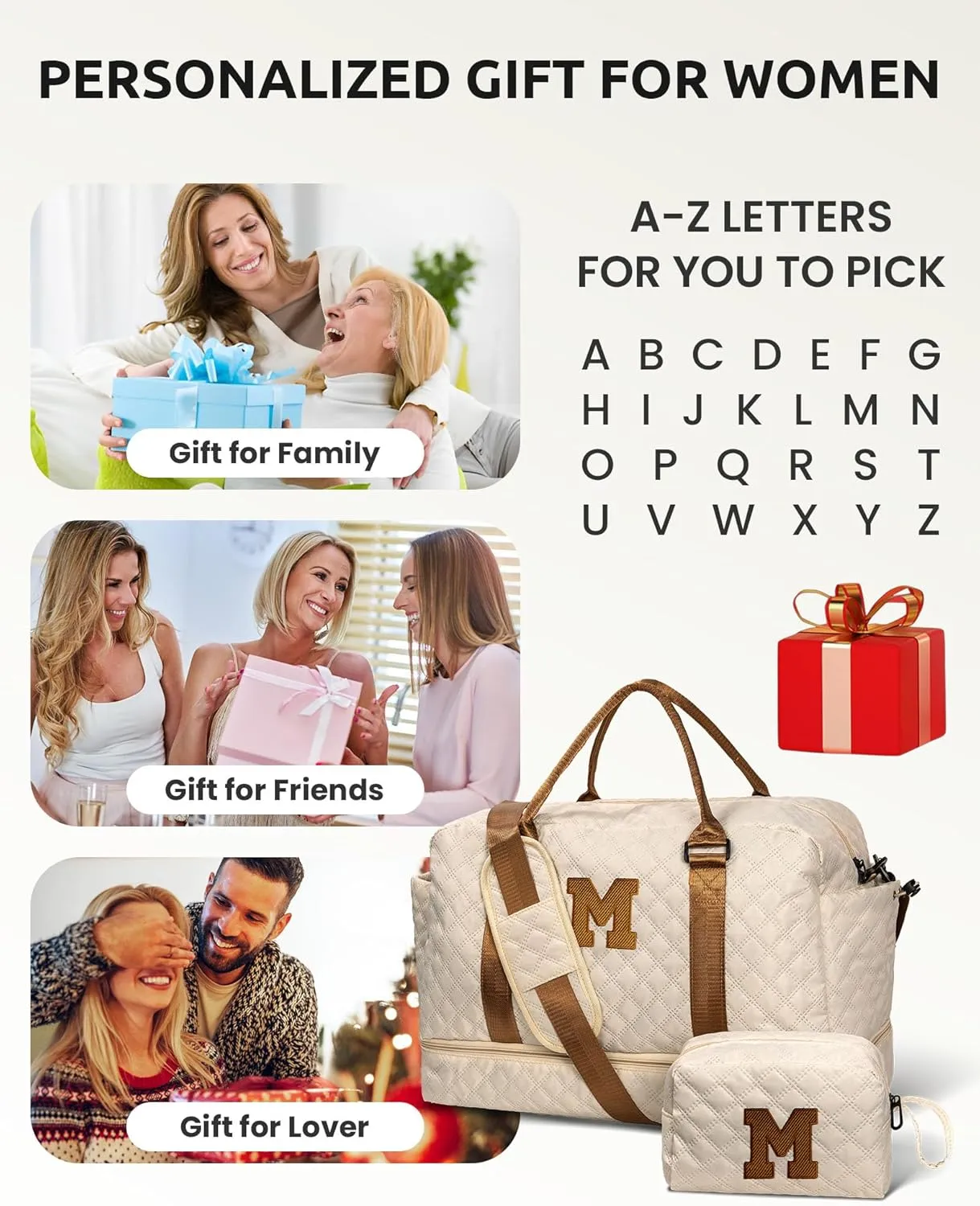 Personalized Gifts-Initial Duffle Bag with Shoe Compartment, Personalized Weekender Bag, Monogram Overnight Bag, Letter Travel Bag with Makeup Bag，Birthday Gift for Women Girl (Letter L)