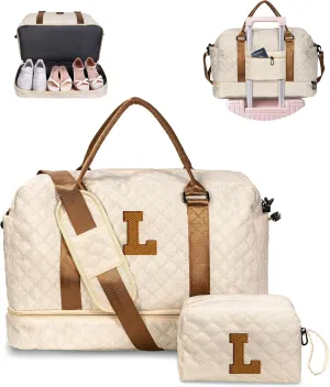 Personalized Gifts-Initial Duffle Bag with Shoe Compartment, Personalized Weekender Bag, Monogram Overnight Bag, Letter Travel Bag with Makeup Bag，Birthday Gift for Women Girl (Letter L)