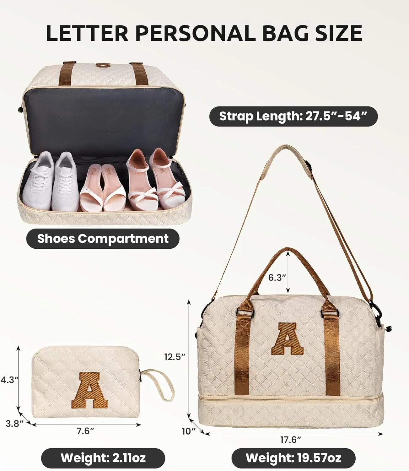 Personalized Gifts-Initial Duffle Bag with Shoe Compartment, Personalized Weekender Bag, Monogram Overnight Bag, Letter Travel Bag with Makeup Bag，Birthday Gift for Women Girl (Letter L)