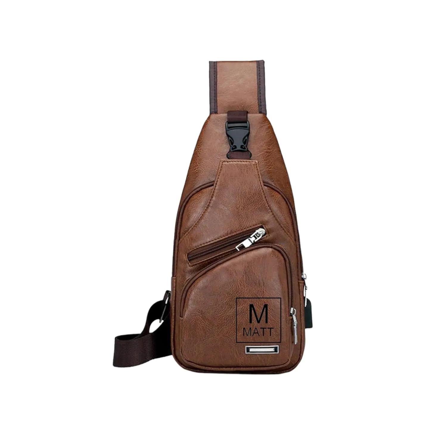 Personalized Leather Sling Bag - Men Crossbody Bag - Men Chest Bag - Sling Backpack With USB Charge Port - Leather Travel Bag