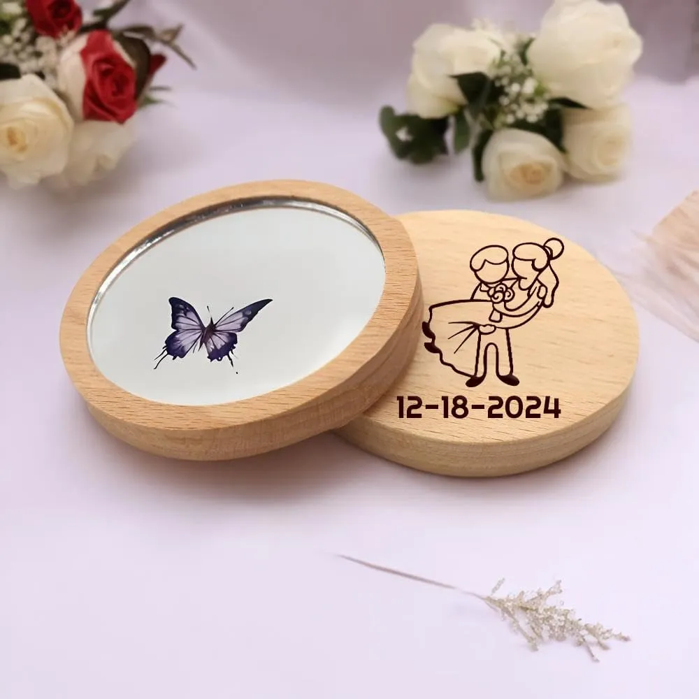 Personalized Small Mirror Engraved Portable Round Compact Pocket Mirrors Custom Wooden Mirror Compact Bulk Wedding Favor Baptism Souvenirs Cosmetic Mirror for Bridesmaids