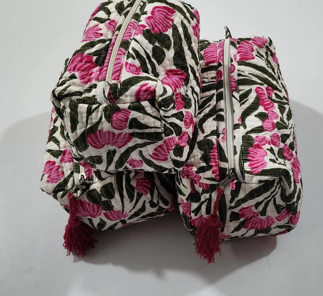 Pink and Green Flower Print Pouch Set