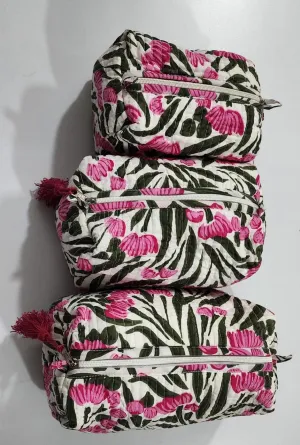 Pink and Green Flower Print Pouch Set