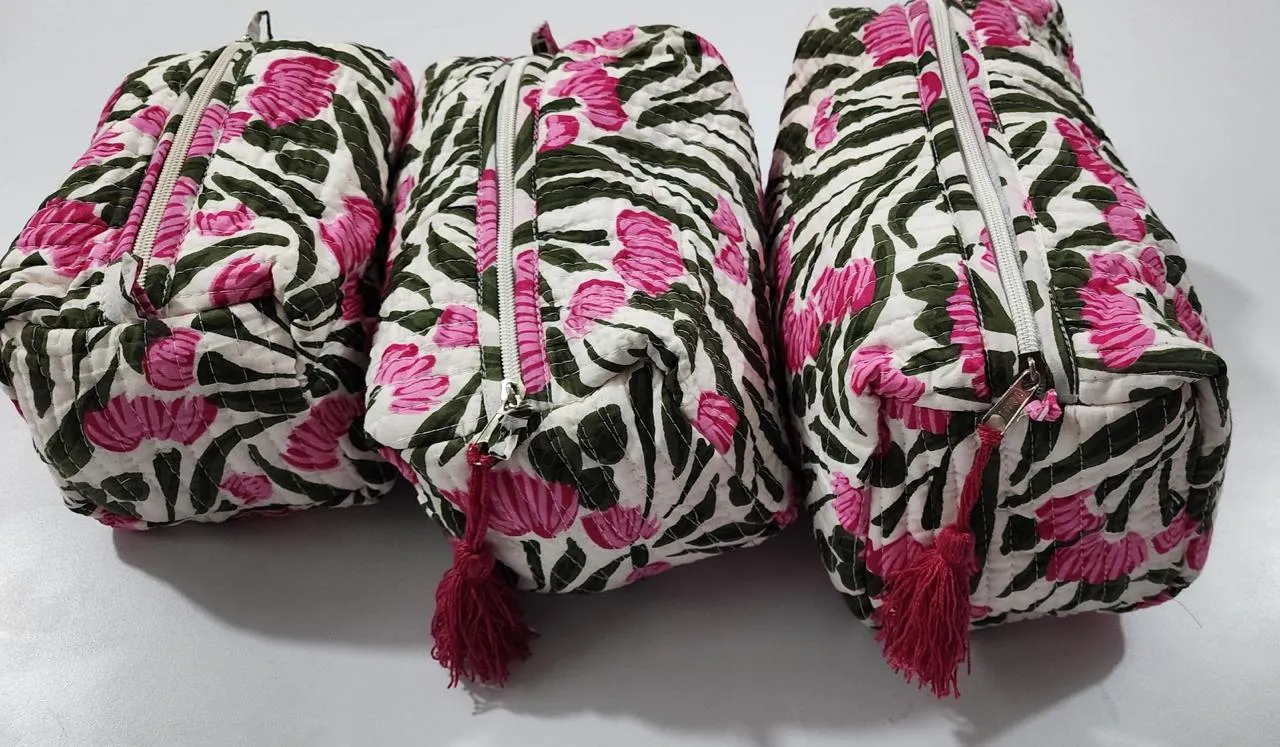 Pink and Green Flower Print Pouch Set