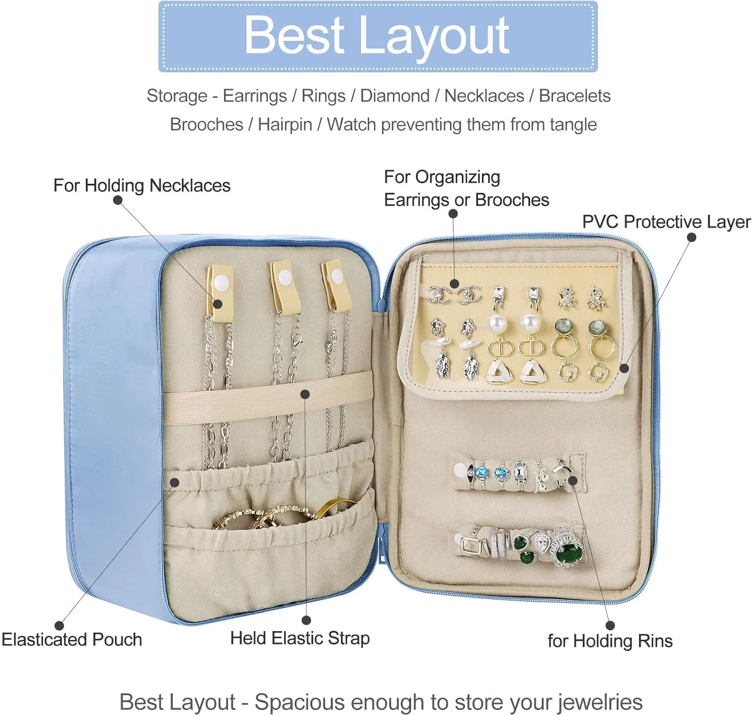 Pocmimut Makeup Bag and Jewelry Bag,Travel Makeup Case for Women 2 in 1 Waterproof Travel Make Up Case and Jewelry Bag Brushes for Earrings Necklaces Bracelets(Blue)