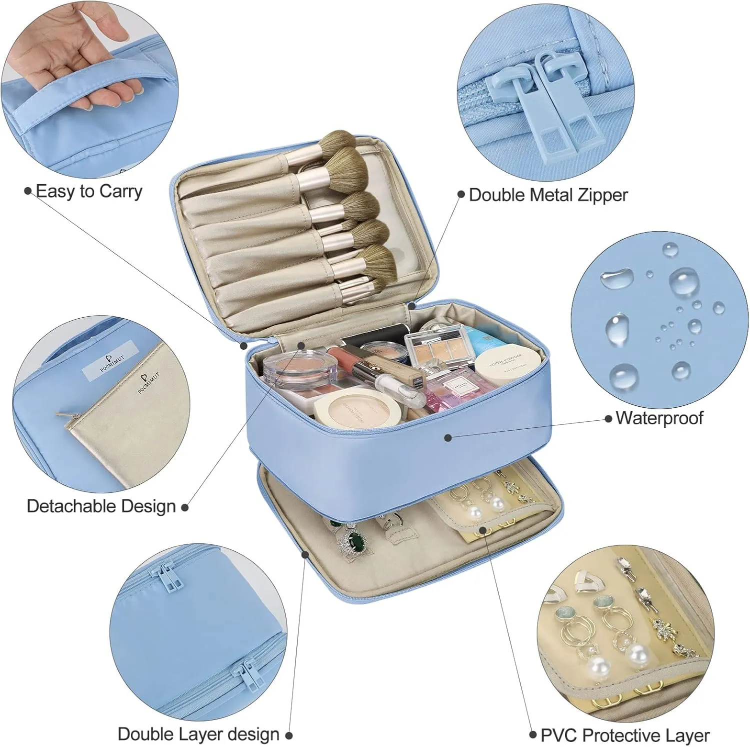 Pocmimut Makeup Bag and Jewelry Bag,Travel Makeup Case for Women 2 in 1 Waterproof Travel Make Up Case and Jewelry Bag Brushes for Earrings Necklaces Bracelets(Blue)