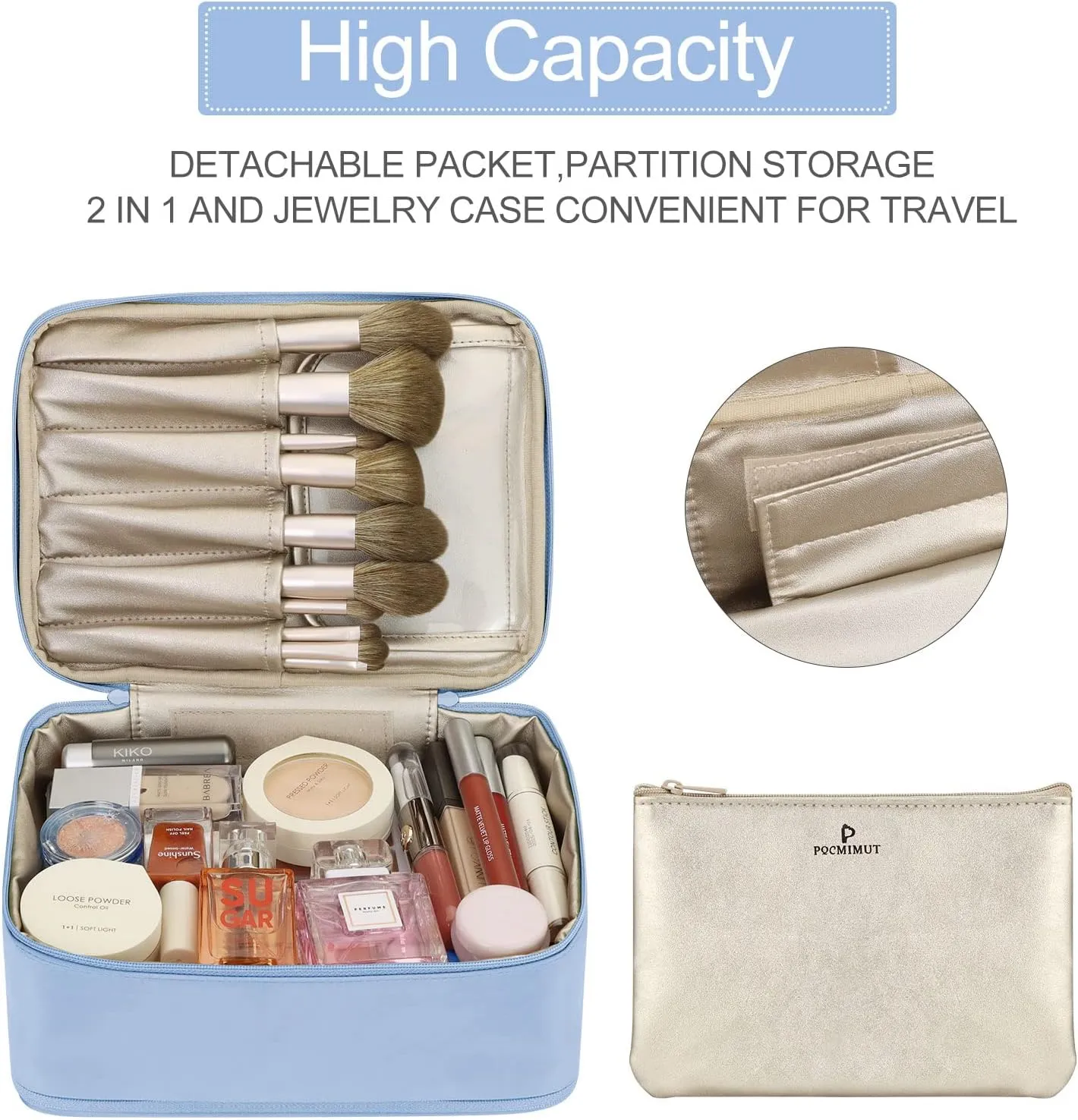 Pocmimut Makeup Bag and Jewelry Bag,Travel Makeup Case for Women 2 in 1 Waterproof Travel Make Up Case and Jewelry Bag Brushes for Earrings Necklaces Bracelets(Blue)