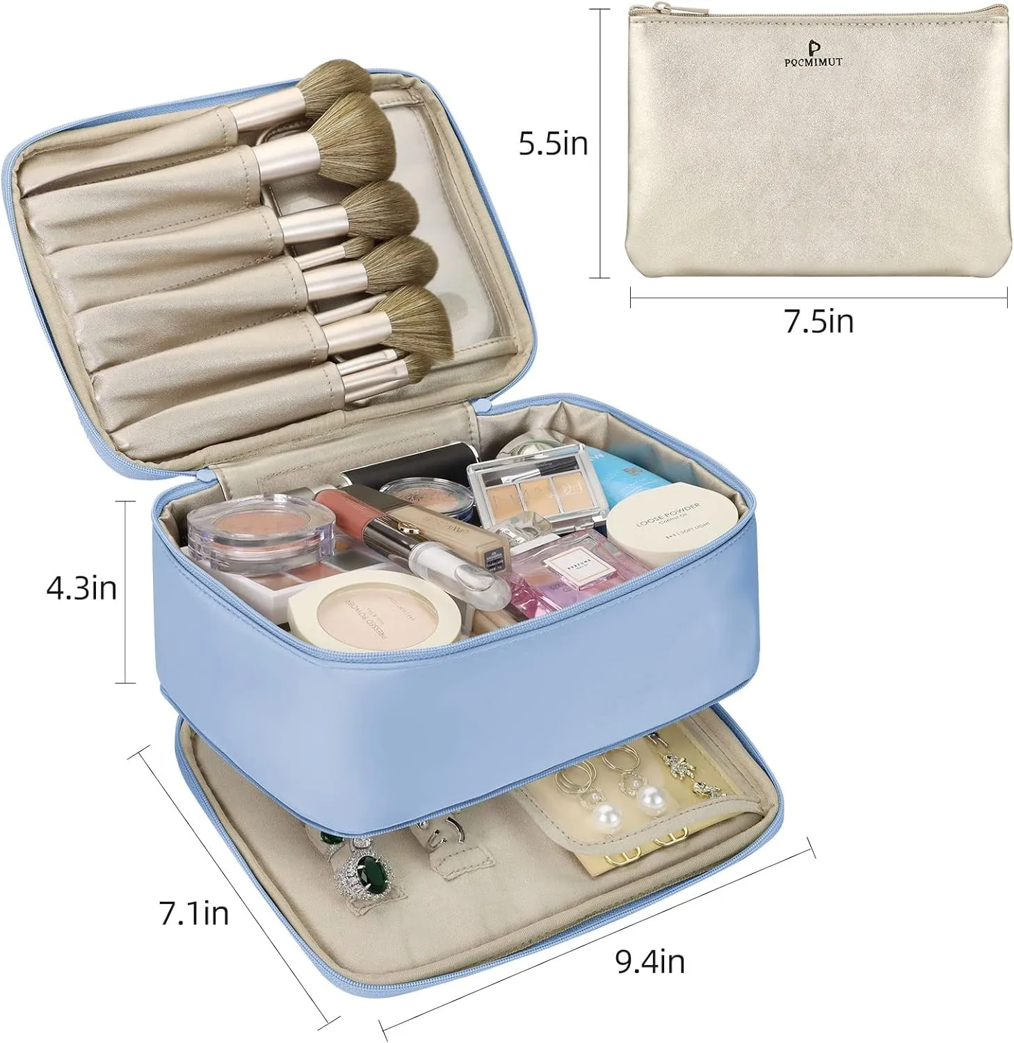 Pocmimut Makeup Bag and Jewelry Bag,Travel Makeup Case for Women 2 in 1 Waterproof Travel Make Up Case and Jewelry Bag Brushes for Earrings Necklaces Bracelets(Blue)