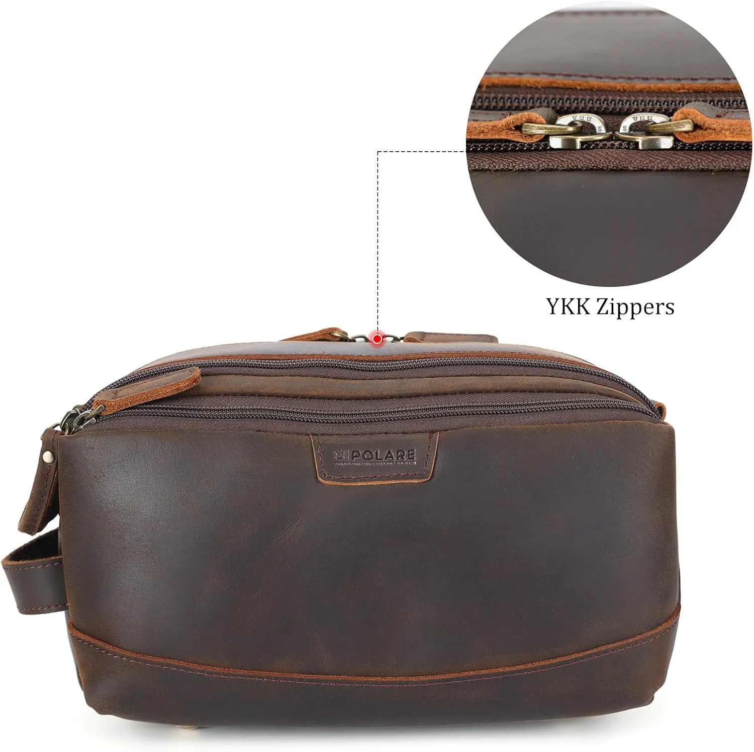 Polare Full Grain Leather Toiletry Bag for Men Large Travel Cosmetic Case Dopp Kit Shaving Kit Wash Pouch with YKK Zippers