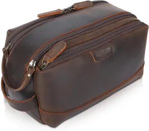 Polare Full Grain Leather Toiletry Bag for Men Large Travel Cosmetic Case Dopp Kit Shaving Kit Wash Pouch with YKK Zippers