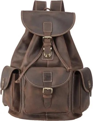 Polare Vintage Full Grain Leather Rucksack Backpack Casual Travel Satchel Bag Daypack For Men Women Dark Brown