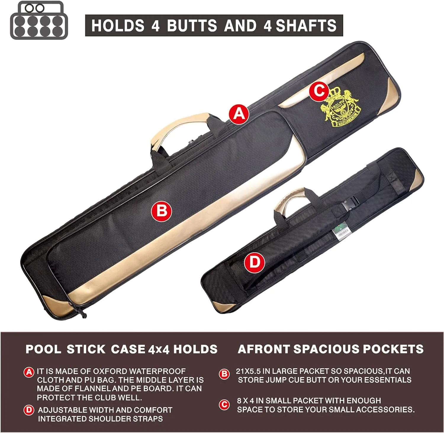 Pool Cue Case, Pool Cue Carrying Case Soft Padded Billiard Stick Bag with Multi-pocket for Butts and Shafts, Pool Stick Case Cue Bag with Straps for Pool Cues & Accessories