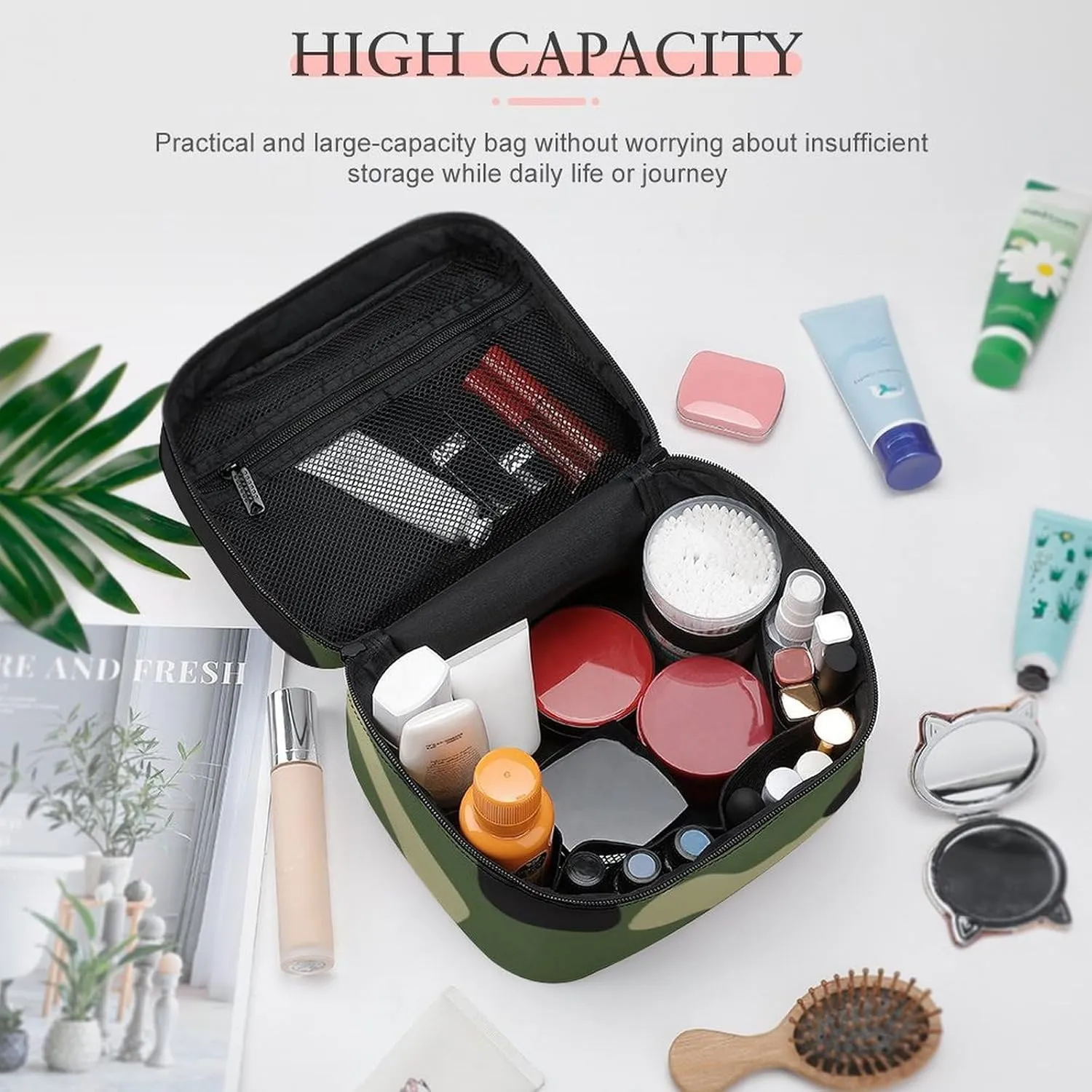 Portable Large Makeup Organizer Case for Women, Cool Camo Military Camouflage Toiletry Brushes Storage Bag Travel Cosmetic Accessories