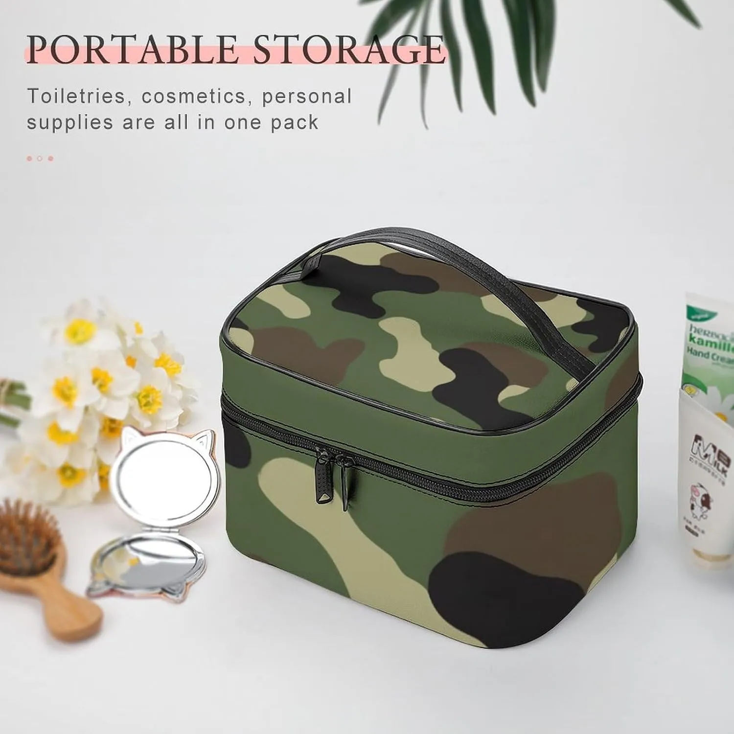 Portable Large Makeup Organizer Case for Women, Cool Camo Military Camouflage Toiletry Brushes Storage Bag Travel Cosmetic Accessories