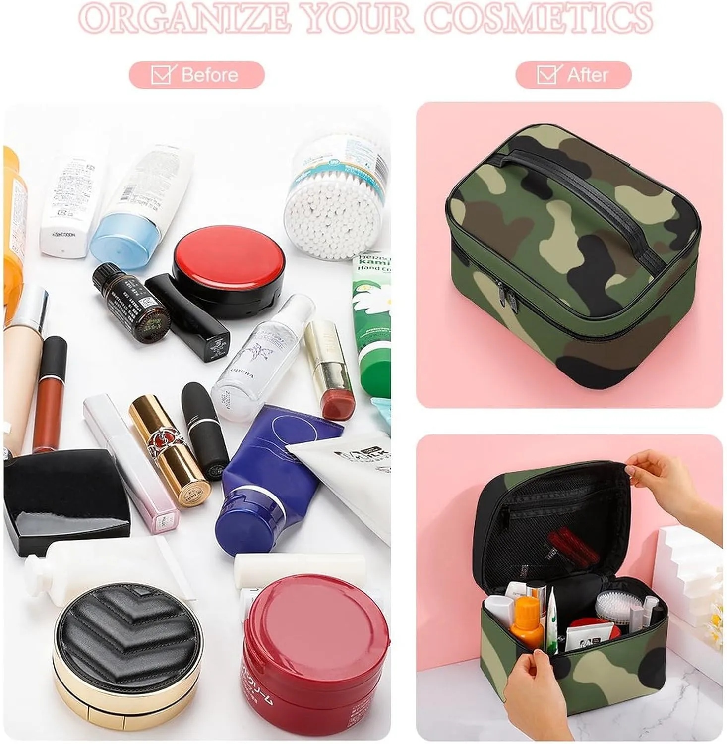 Portable Large Makeup Organizer Case for Women, Cool Camo Military Camouflage Toiletry Brushes Storage Bag Travel Cosmetic Accessories