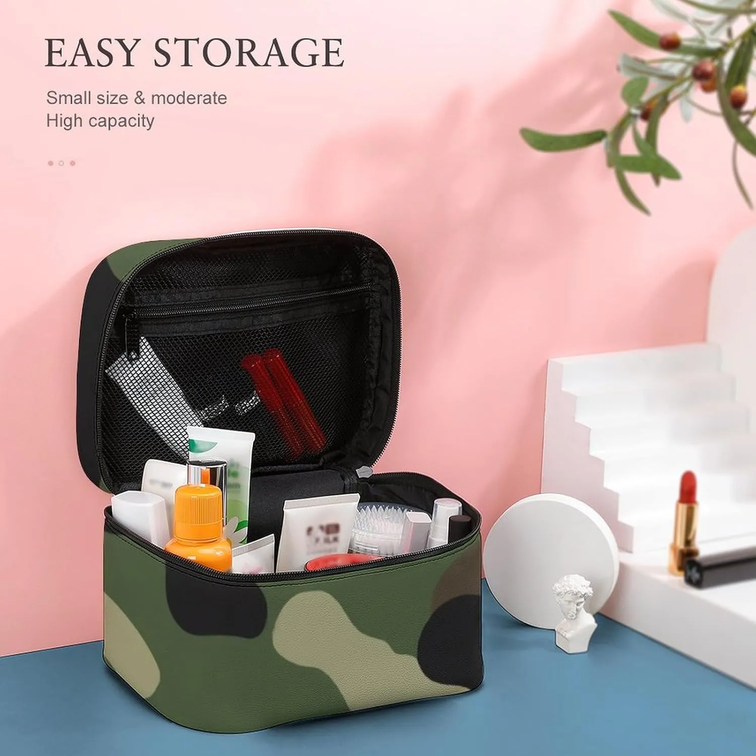 Portable Large Makeup Organizer Case for Women, Cool Camo Military Camouflage Toiletry Brushes Storage Bag Travel Cosmetic Accessories