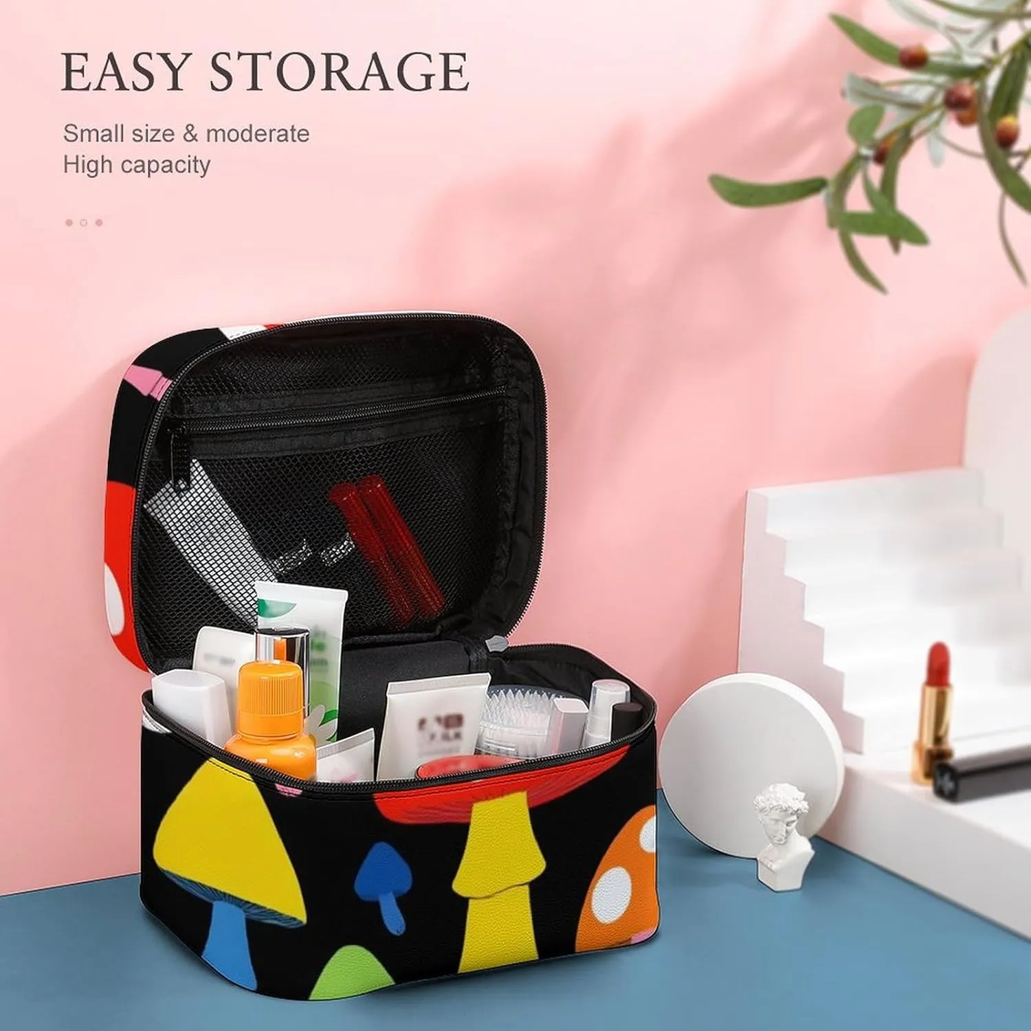 Portable Large Makeup Organizer Case for Women, Cute Mushrooms Ladies Funny Mushroom Toiletry Brushes Storage Bag Travel Cosmetic Accessories