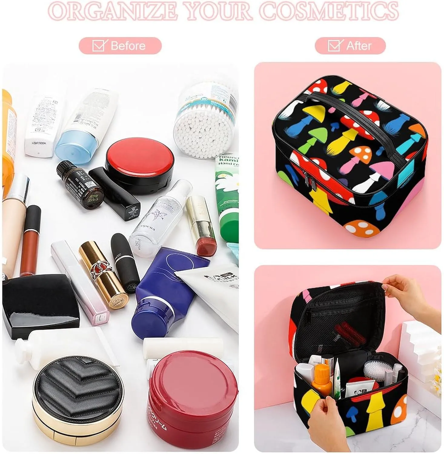 Portable Large Makeup Organizer Case for Women, Cute Mushrooms Ladies Funny Mushroom Toiletry Brushes Storage Bag Travel Cosmetic Accessories