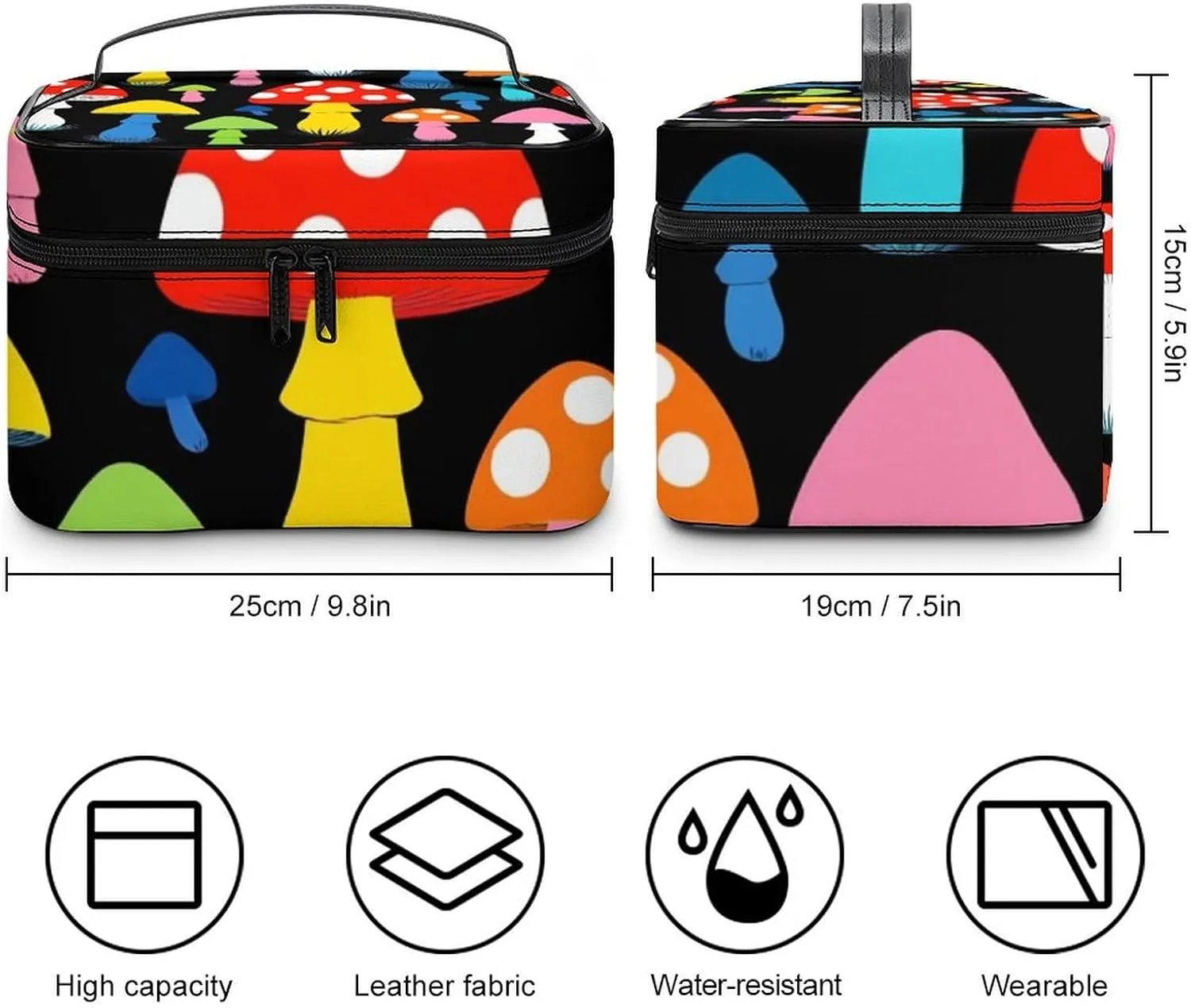 Portable Large Makeup Organizer Case for Women, Cute Mushrooms Ladies Funny Mushroom Toiletry Brushes Storage Bag Travel Cosmetic Accessories