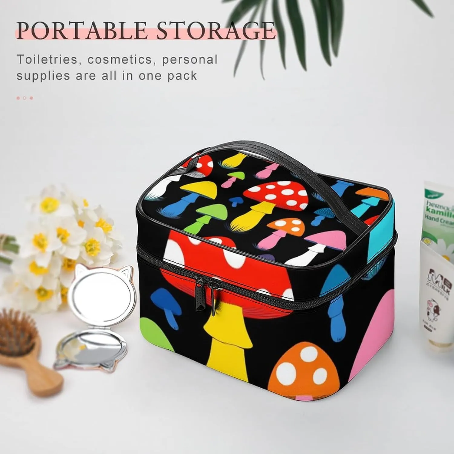 Portable Large Makeup Organizer Case for Women, Cute Mushrooms Ladies Funny Mushroom Toiletry Brushes Storage Bag Travel Cosmetic Accessories