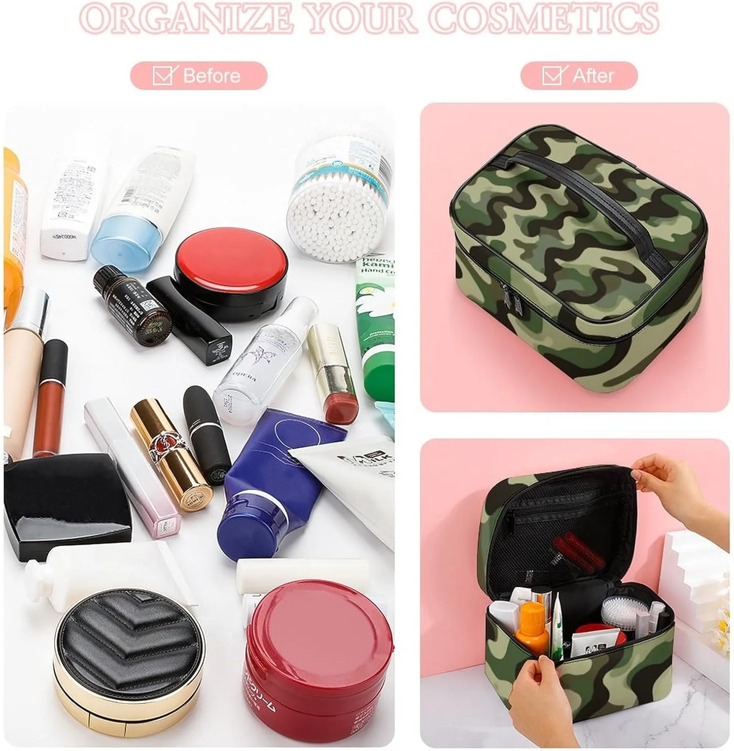 Portable Makeup Bag for Women, Travel Large Cosmetics Toiletry Storage Bag Army Military Camouflage Vietnam Tiger Stripe Camo Makeup Organizer Case with Handle