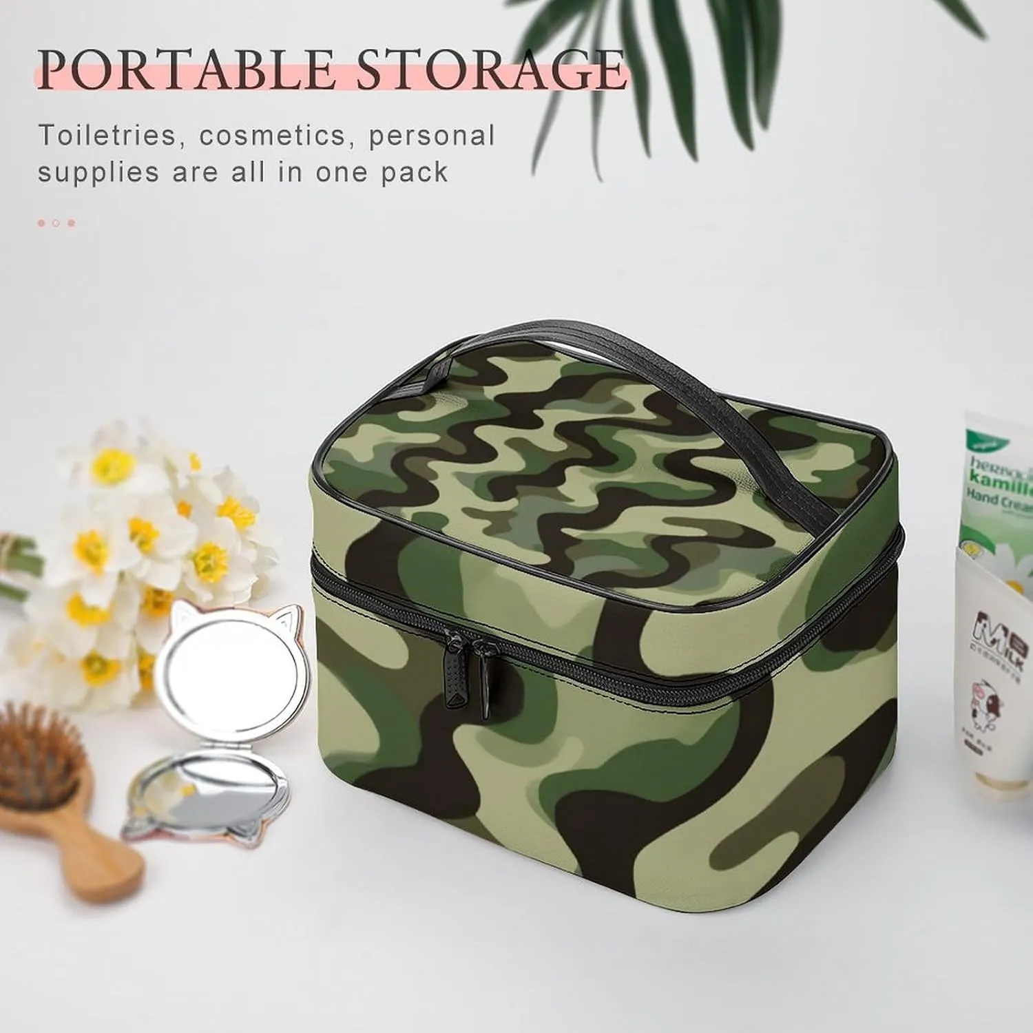 Portable Makeup Bag for Women, Travel Large Cosmetics Toiletry Storage Bag Army Military Camouflage Vietnam Tiger Stripe Camo Makeup Organizer Case with Handle