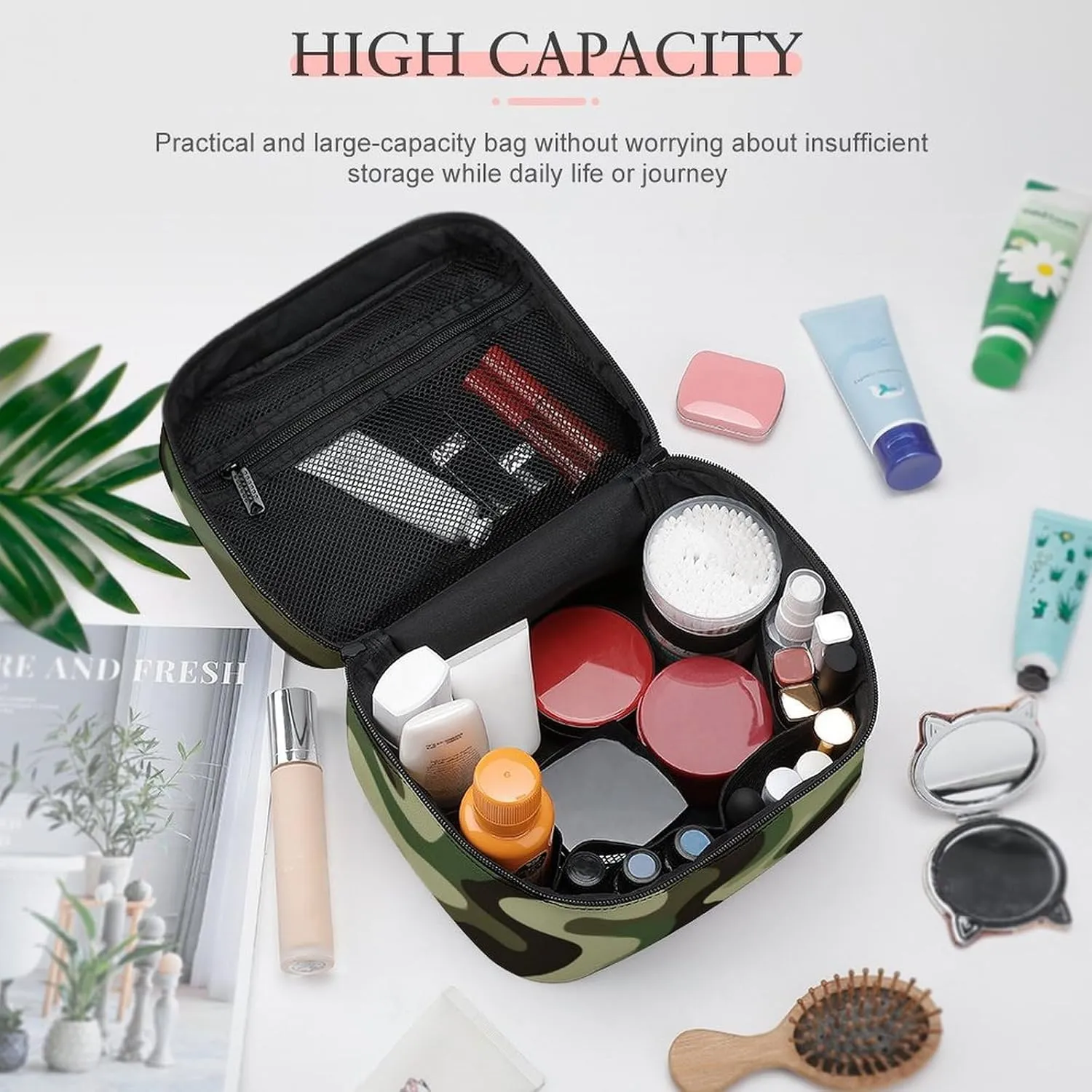 Portable Makeup Bag for Women, Travel Large Cosmetics Toiletry Storage Bag Army Military Camouflage Vietnam Tiger Stripe Camo Makeup Organizer Case with Handle