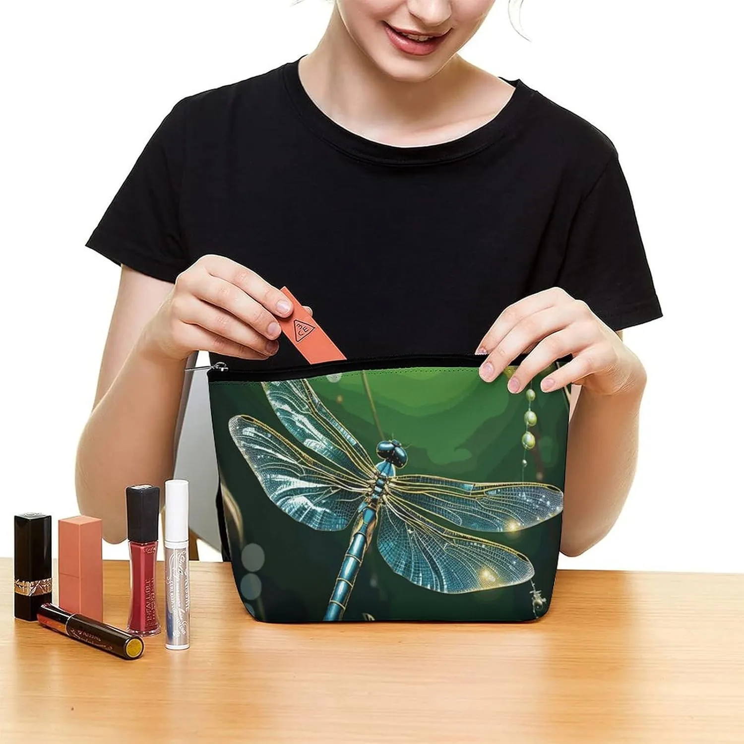 Portable Small Cosmetic Bag Cute Travel Makeup Bag Dragonfly Green Waterproof Toiletry Bag for Women