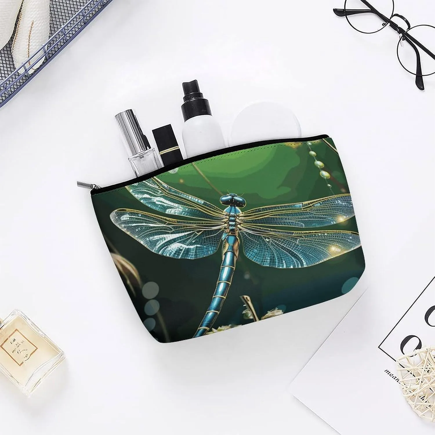Portable Small Cosmetic Bag Cute Travel Makeup Bag Dragonfly Green Waterproof Toiletry Bag for Women