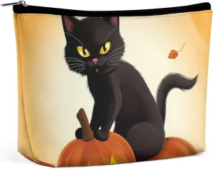 Portable Small Cosmetic Bag Cute Travel Makeup Bag Halloween Black Cats Pumpkin Waterproof Toiletry Bag for Women