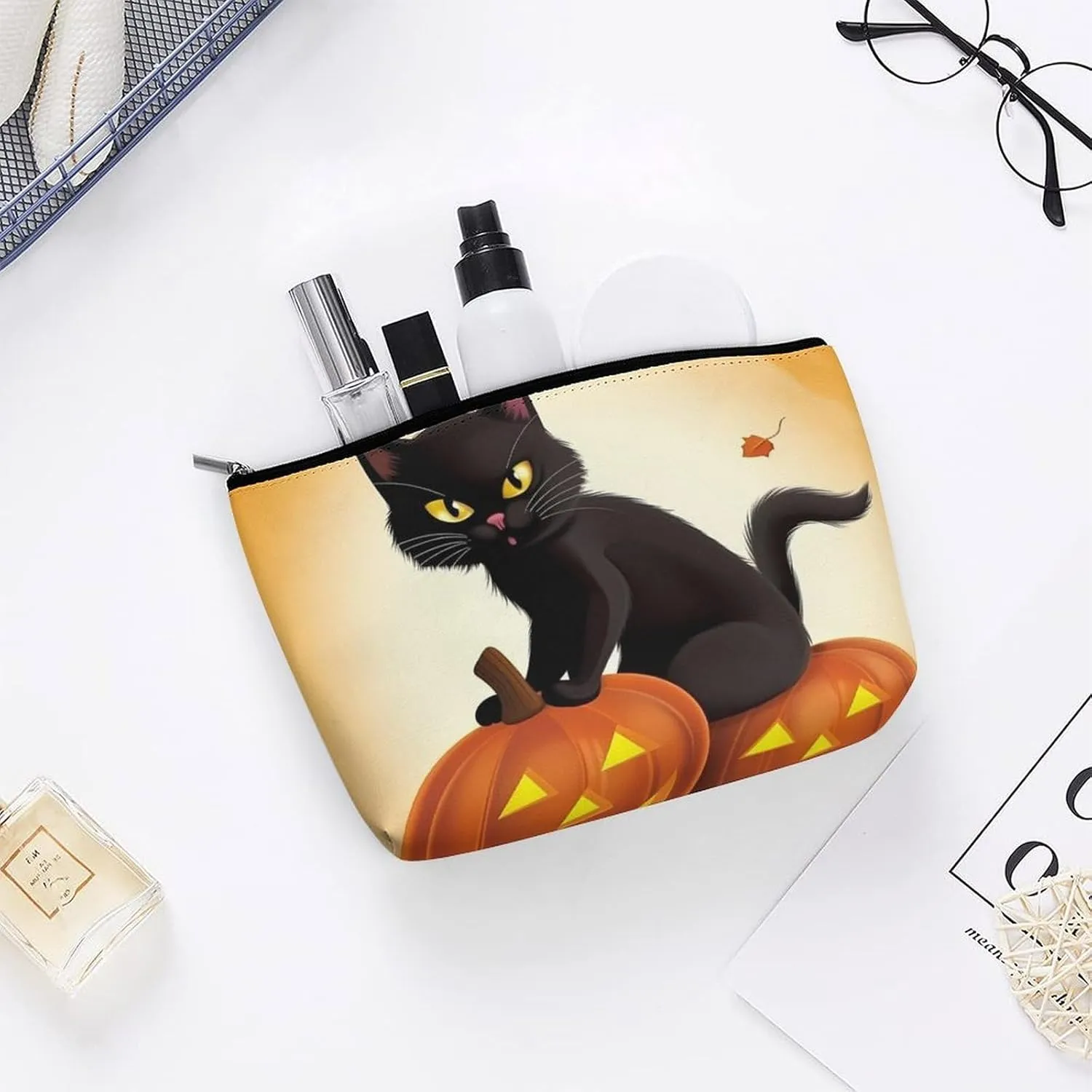 Portable Small Cosmetic Bag Cute Travel Makeup Bag Halloween Black Cats Pumpkin Waterproof Toiletry Bag for Women