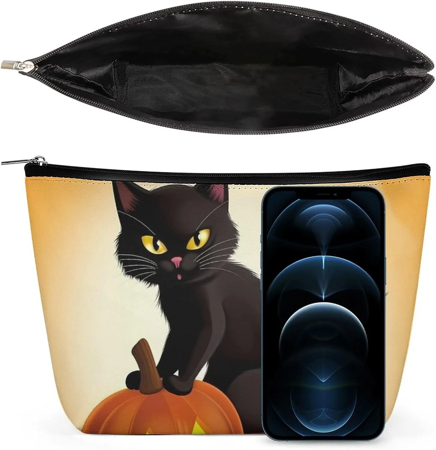 Portable Small Cosmetic Bag Cute Travel Makeup Bag Halloween Black Cats Pumpkin Waterproof Toiletry Bag for Women