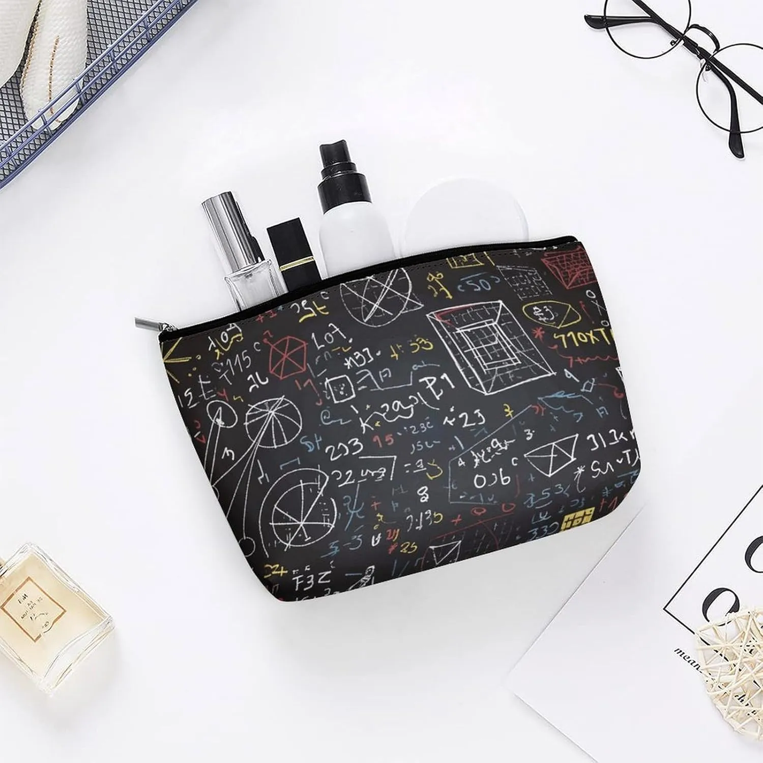 Portable Small Cosmetic Bag Cute Travel Makeup Bag Mathematics And Physics Waterproof Toiletry Bag for Women