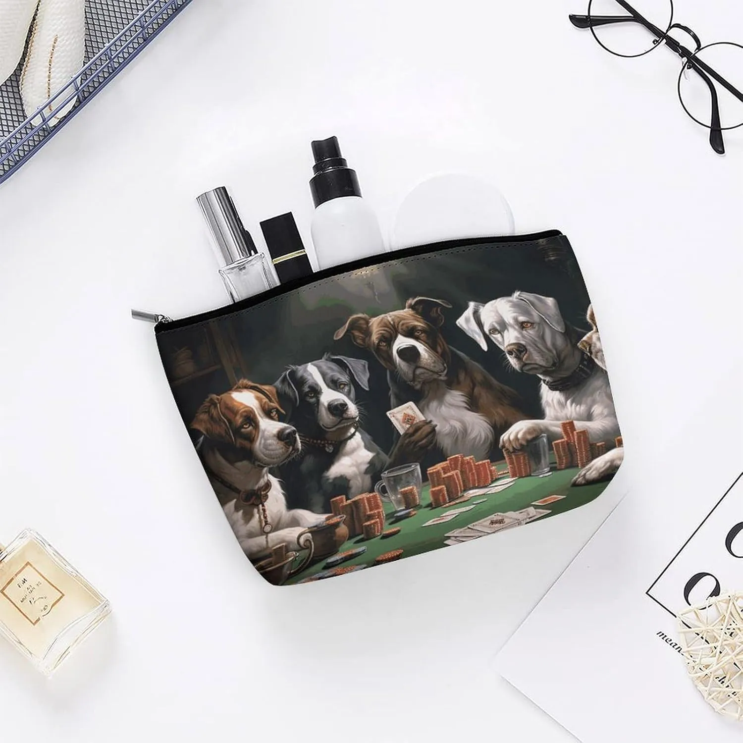 Portable Small Cosmetic Bag Cute Travel Makeup Bag Playing Poker Dogs Waterproof Toiletry Bag for Women