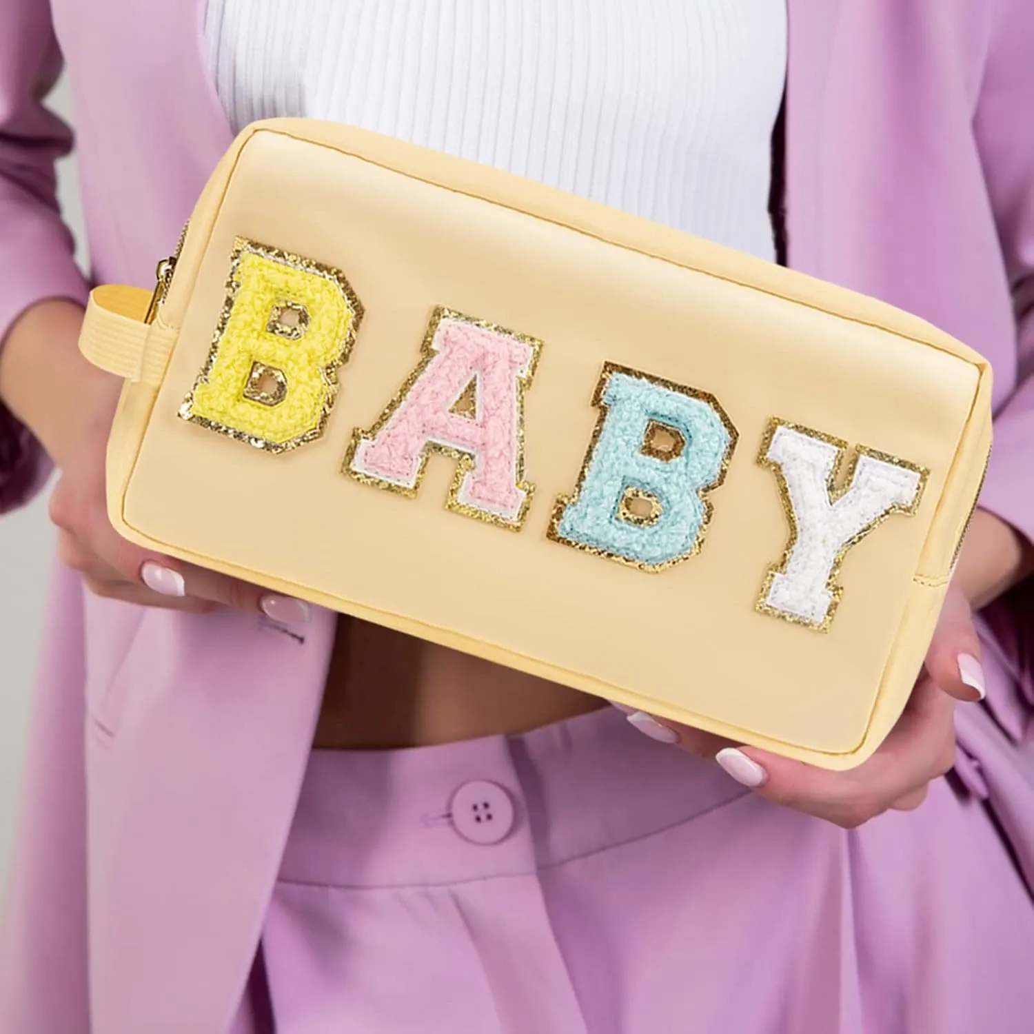 Preppy Nylon Cosmetic Bag Baby Pouch for Women Girls, Portable Makeup Bag with Chenille Letter Patches, Zipper Pouch Storage Purse Waterproof Organizer for Travel