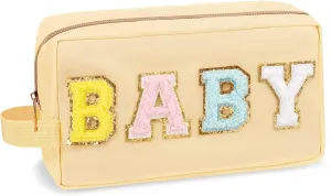 Preppy Nylon Cosmetic Bag Baby Pouch for Women Girls, Portable Makeup Bag with Chenille Letter Patches, Zipper Pouch Storage Purse Waterproof Organizer for Travel