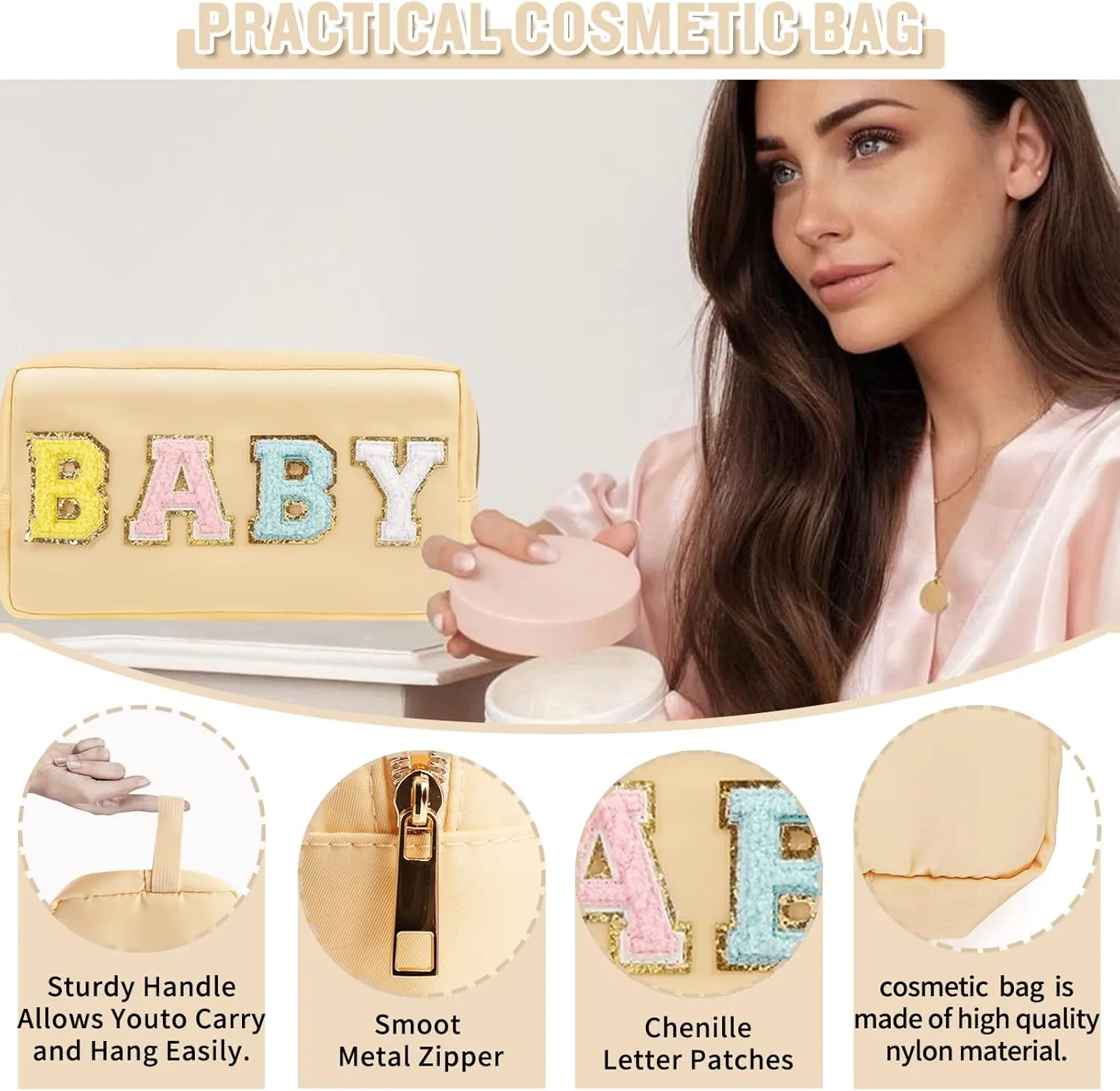 Preppy Nylon Cosmetic Bag Baby Pouch for Women Girls, Portable Makeup Bag with Chenille Letter Patches, Zipper Pouch Storage Purse Waterproof Organizer for Travel