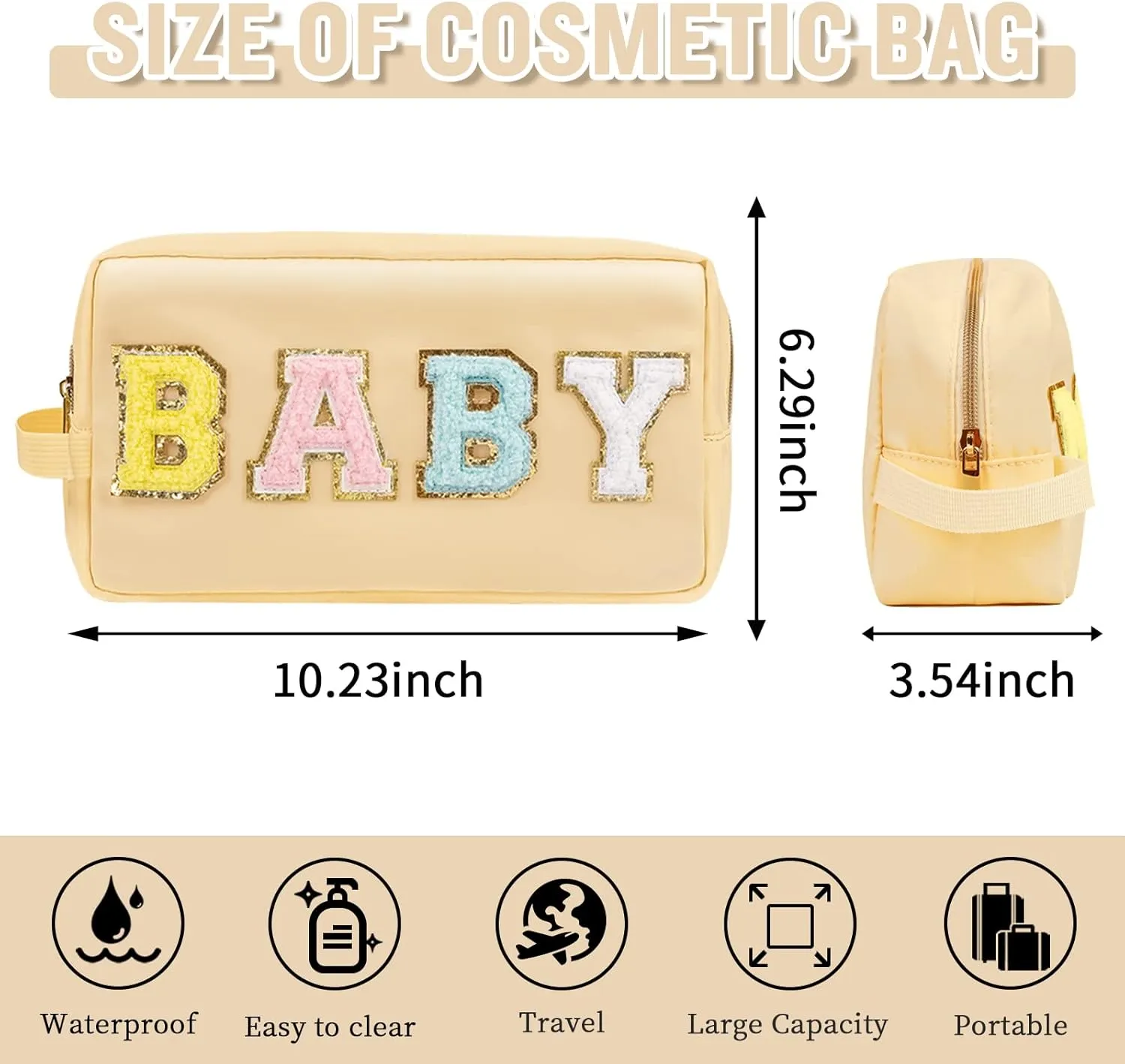 Preppy Nylon Cosmetic Bag Baby Pouch for Women Girls, Portable Makeup Bag with Chenille Letter Patches, Zipper Pouch Storage Purse Waterproof Organizer for Travel