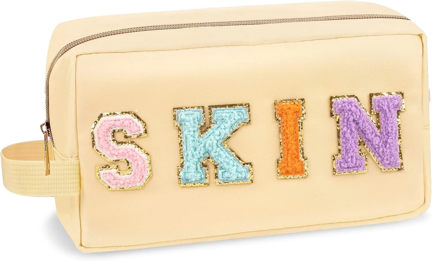 Preppy Nylon Cosmetic Bag Skin Pouch for Women Girls, Portable Makeup Bag with Chenille Letter Patches, Zipper Pouch Storage Purse Waterproof Organizer for Travel