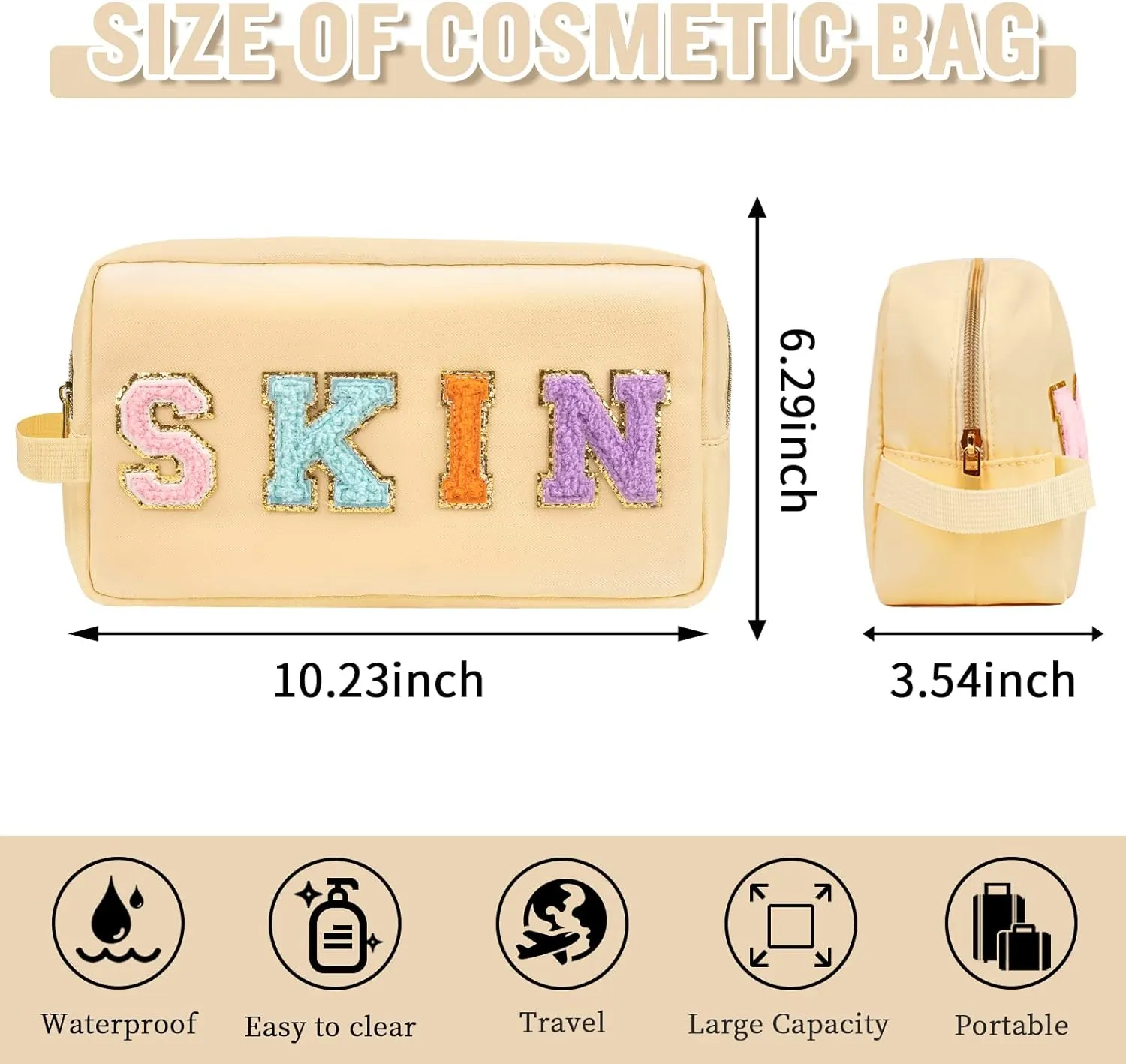 Preppy Nylon Cosmetic Bag Skin Pouch for Women Girls, Portable Makeup Bag with Chenille Letter Patches, Zipper Pouch Storage Purse Waterproof Organizer for Travel