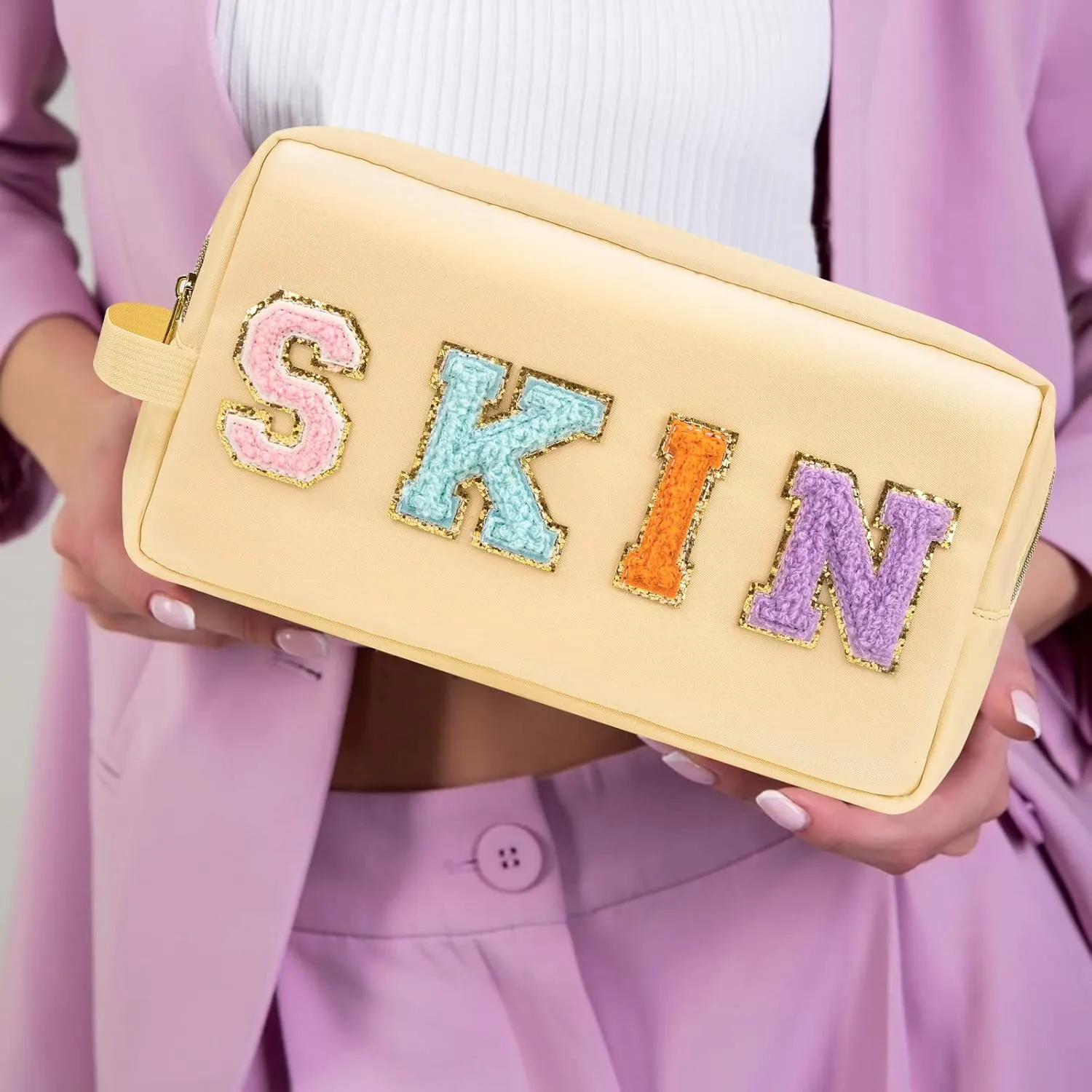 Preppy Nylon Cosmetic Bag Skin Pouch for Women Girls, Portable Makeup Bag with Chenille Letter Patches, Zipper Pouch Storage Purse Waterproof Organizer for Travel