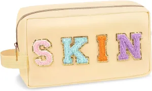 Preppy Nylon Cosmetic Bag Skin Pouch for Women Girls, Portable Makeup Bag with Chenille Letter Patches, Zipper Pouch Storage Purse Waterproof Organizer for Travel