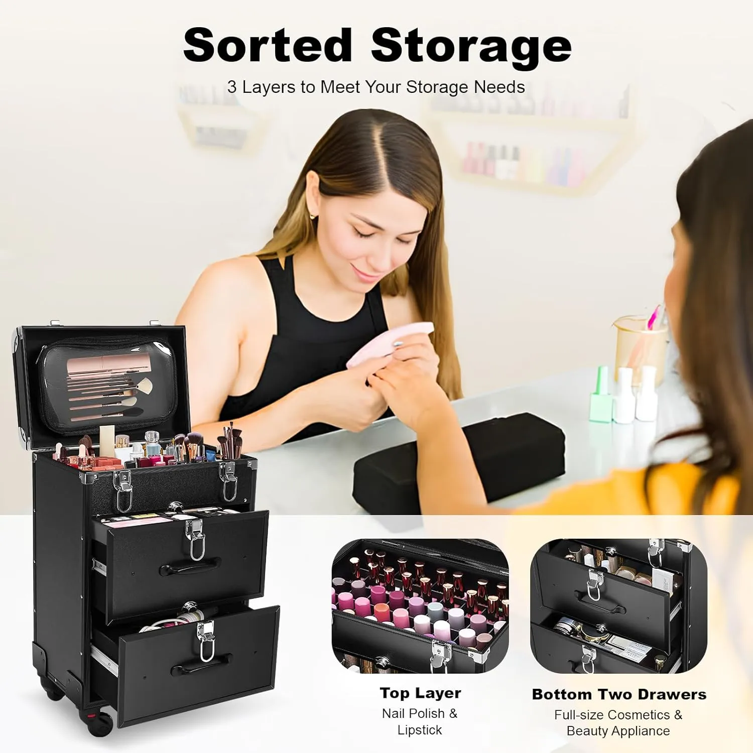 Professional Rolling Makeup Case with Locks - Large Cosmetic Trolley with Dividers & Drawers - Universal Wheels, Travel-Friendly Organizer (Black)