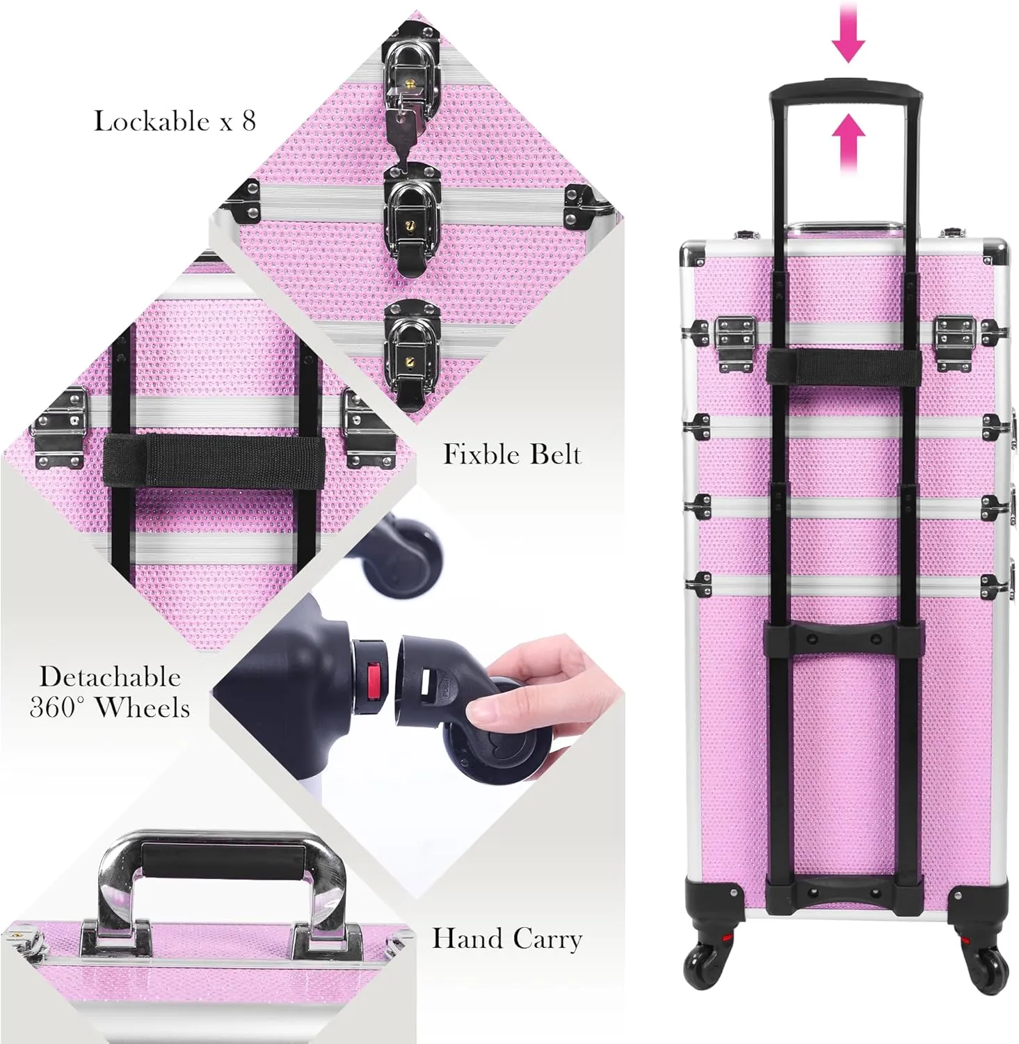 Professional Rolling Makeup Case with Wheels, 5-in-1 Makeup Train Case, Cosmetic Makeup Trolley Cart Travel Cosmetology Case On Wheels with Key for Hairstylists, Nail Tech (Pink Crystal)