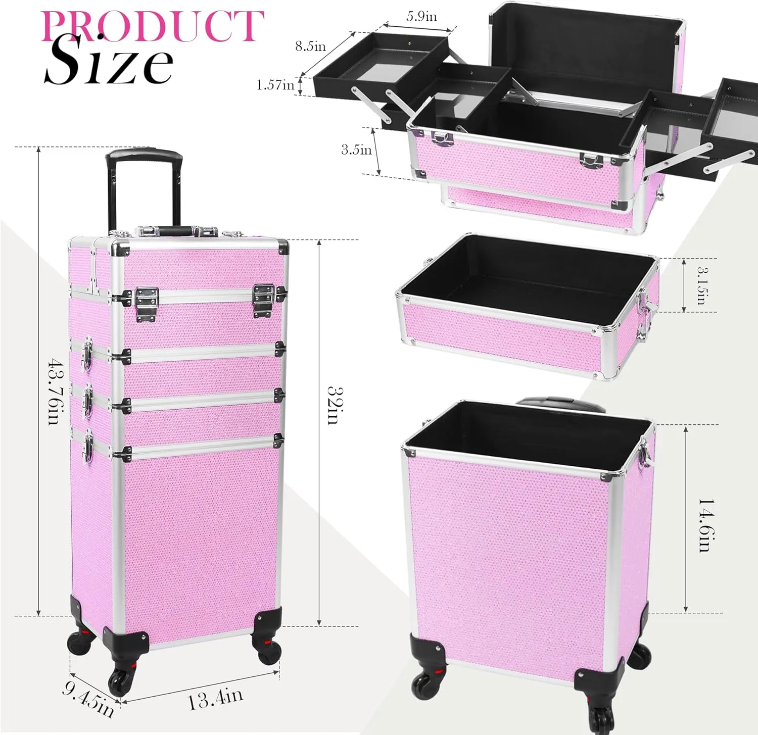 Professional Rolling Makeup Case with Wheels, 5-in-1 Makeup Train Case, Cosmetic Makeup Trolley Cart Travel Cosmetology Case On Wheels with Key for Hairstylists, Nail Tech (Pink Crystal)